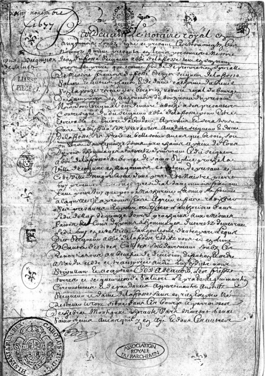 Acte de vente par le Notaire Royal en 1677, avec les deux autres pages ci-dessous. (Archives JP GUILLOU données par Mr FORTIN)