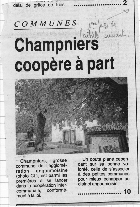 1ère page de la C.L. en octobre 1992 pour annoncer la création de la CdC Braconne et Charente !