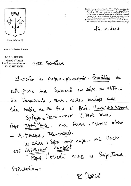 Lettre de Monsieur Eric PERRIN (Archives JP GUILLOU donnée par Mr FORTIN)
